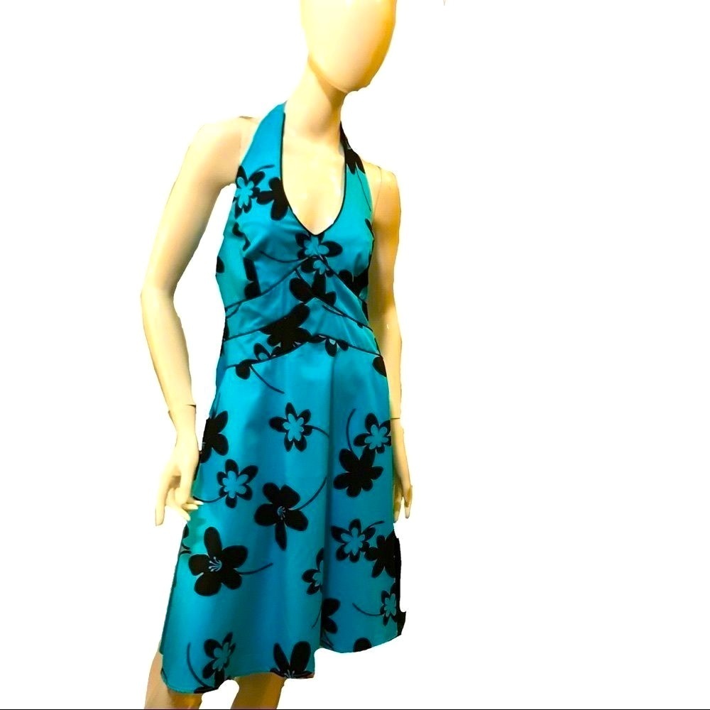 Vintage Y2K Bohemian Floral Halter Sundress Bright Turquoise Dress Size 10 NWT